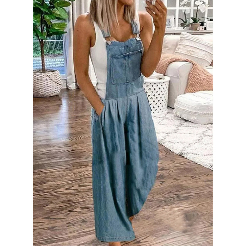 Casual denimficka jumpsuit med vida ben