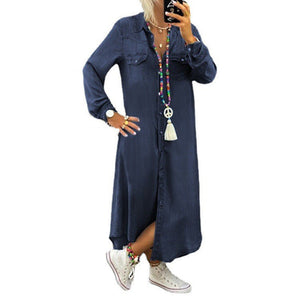 Robe en jean décontractée à manches longues de couleur unie pour femmes